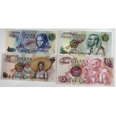 GHANA 1978 . ONE 1 - TEN 10 CEDI BANKNOTES . SPECIMEN